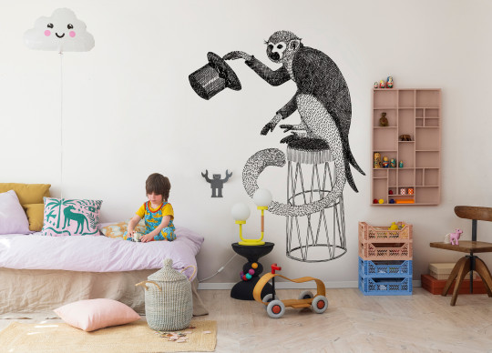 Rebel Walls Carta da parati panoramica Circus Animal Mr Monkey - Black/ White