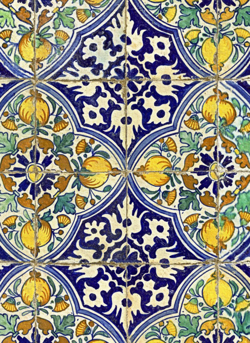 Mindthegap Papier peint Sardegna Tiles - Indigo/ Green/ Yellow/ Taupe