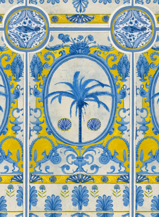 Mindthegap Papier peint The Villa Mural - Blue/ Yellow/ Taupe