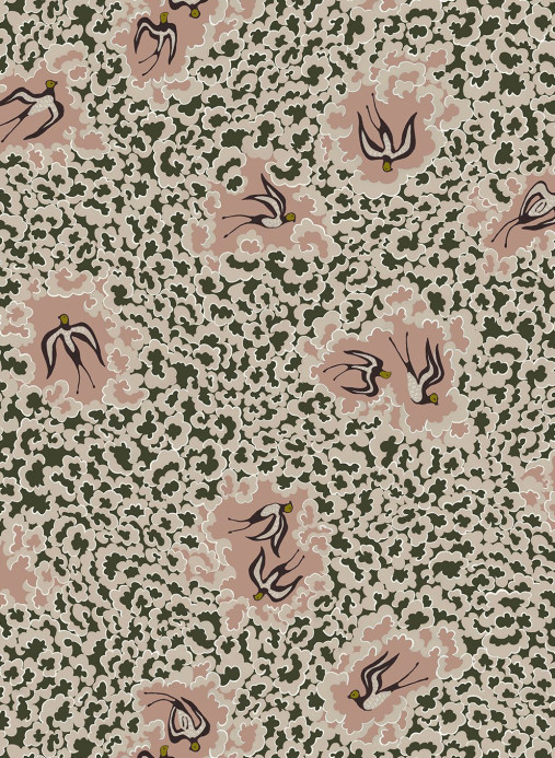 Josephine Munsey Wallpaper Bea's Swallows - Chaingate Green and Ham Pink