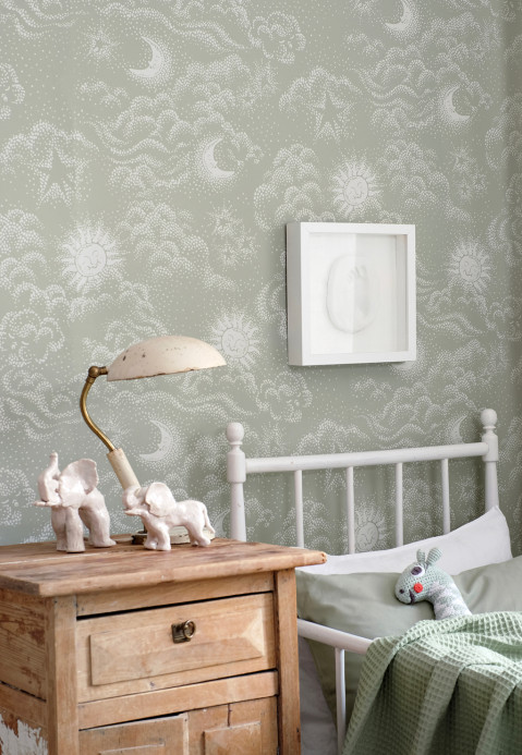 Littlephant Wallpaper Happy Cloud - Sage Green