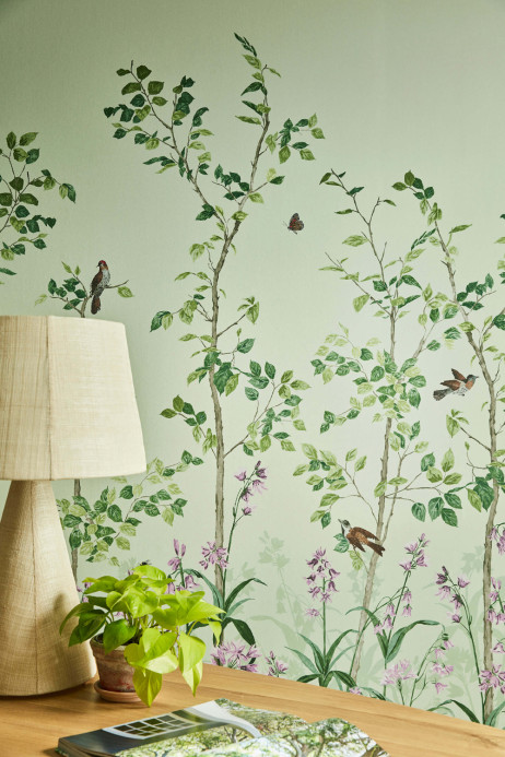 Little Greene Wallpaper Bird and Bluebell - Pea Green