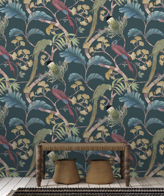 Josephine Munsey Tapete Living Branches - Dark Teal/ Yellow/