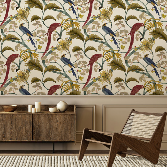 Josephine Munsey Wallpaper Living Branches - Red, Turquoise and Ecru