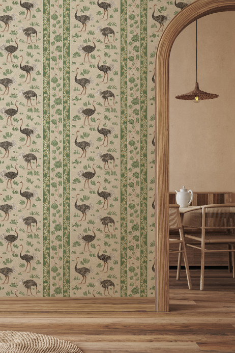 Josephine Munsey Wallpaper Ostrich Stripe - Khaki and Green