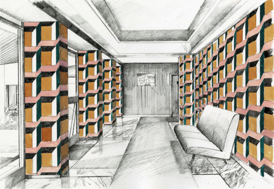 Zoffany Carta da parati Impact Geo - Muddy Amber/ Tuscan Pink/ Huntsman Green