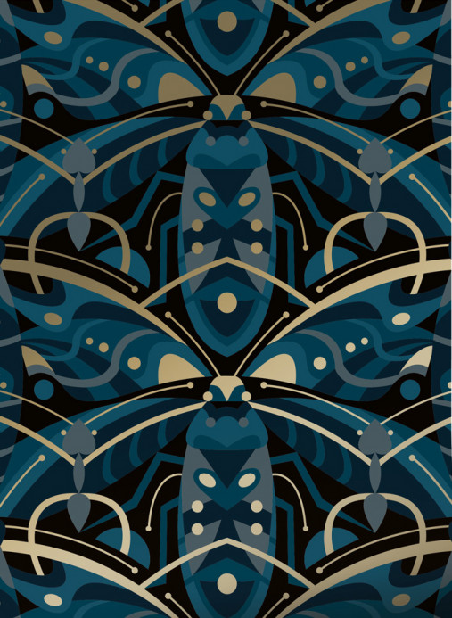 KEK Amsterdam Tapete Art Deco Animaux Beetle Gold - Blue