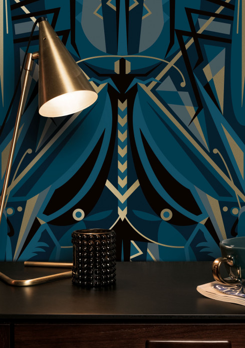 KEK Amsterdam Tapete Art Deco Animaux Grasshopper Gold - Blue