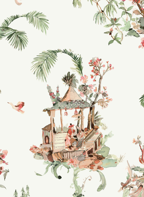 Nina Campbell Wallpaper Toile Chinoise - Coral/ Green