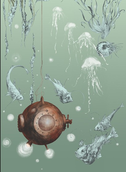 Edmond Petit Papier peint Nautilus/ Méduses/ Nénuphars - Nautilus gauche - Aqua